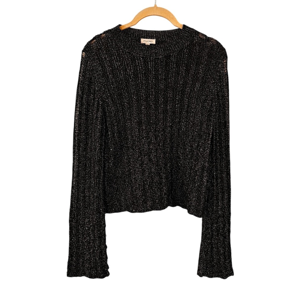 Anthropologie Pilcro Sweater Size XS Black Metallic Open Knit Shimmer Statement
